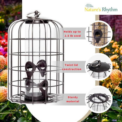 Nature's Rhythm Outdoor Hanging Bird Feeder Cage PC Tube Squirrel Proof Wild Bird Feeder with Large Metal Seed Guard Deterrent Green