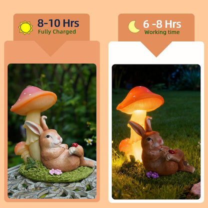 Solar Rabbit Garden Statues Outdoor Decor, Solar Garden Decor with Mushroom Lights, Resin Yard Decorations Outdoor for Patio, Porch, Balcony, Lawn Ornaments, Housewarming Birthday Gifts for Mom Women