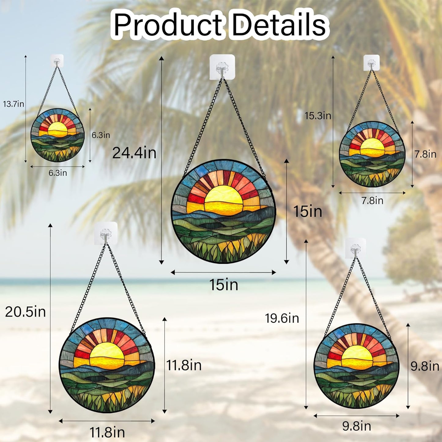 Stained Glass Window Hanging, Golden Red Sun Green Mountain Suncatcher for Window Home Decor Nature Landscape Sun Catcher Mother's Day Birthday Gifts for Women Men Mom Nana 6.3 in