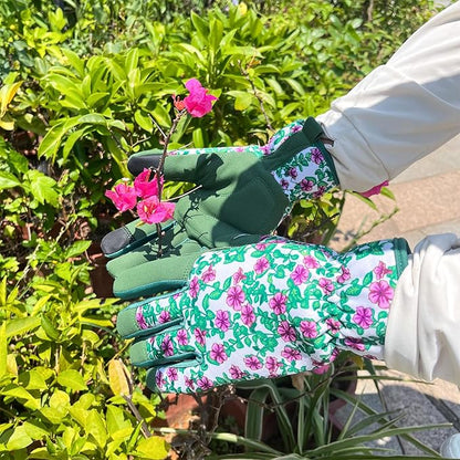 Gardening Gloves for Women, Garden Gloves with Touch Screen, Thorn Proof Puncture Resistant Working Gloves, Gardening Gifts for Women (Green with purple flowers, Medium)