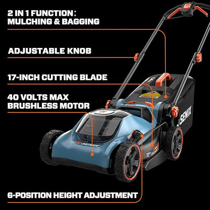 SENIX 40V 17" Electric Lawn Mower, Battery Powered Cordless Lawnmower, 2-in-1 Brushless Walk-Behind Push Mowers, 6 Heights Adjustment, cortadora de pasto, Includes 2x5Ah Batteries & Charger, LPPX2-M5