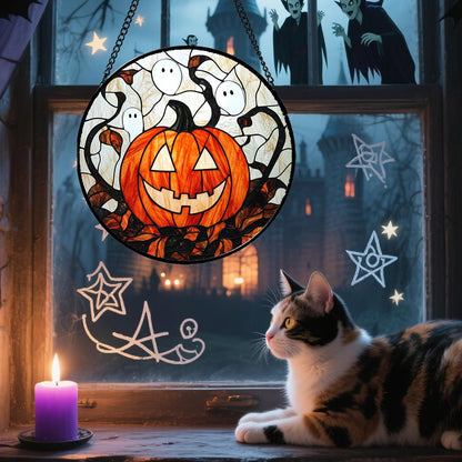 Stained Glass Window Hanging - Halloween Decorations Pumpkin Ghost Suncatcher for Doors Garden Indoor Spooky Funny Orange Sun Catchers Gothic Decor Horror Gifts for Women Men Friend 15 in