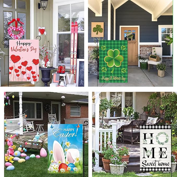 Seasonal Garden Flags set of 12 Double Sided, Yard Flags for Outside 12x18 Inch for Christmas Halloween Easter Valentine's St Patrick's 4th of July Spring Summer Fall Winter, All Seasons Garden Decor