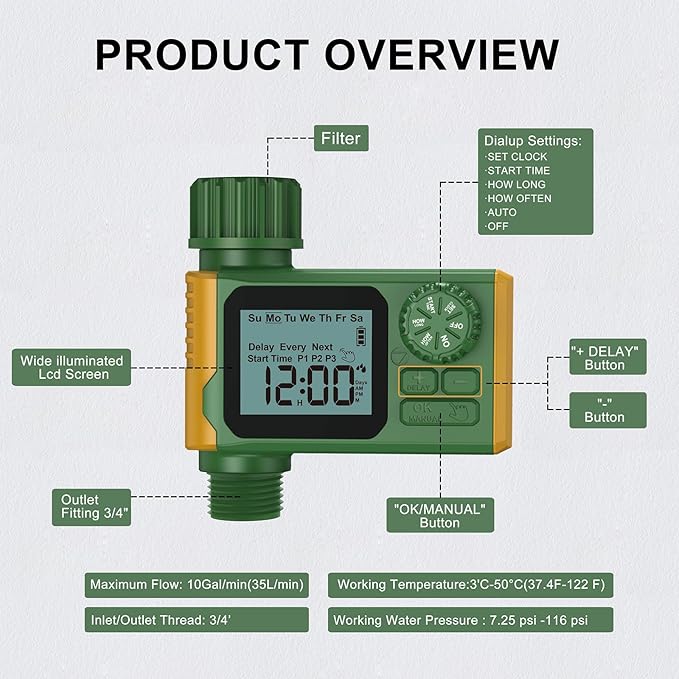 Garden Hose Timer Automatic Programmable - Digital Water Timer with LCD Display, Rain Delay & Manual Modes for Lawn Sprinkler System, Irrigation for Yard
