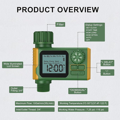 Garden Hose Timer Automatic Programmable - Digital Water Timer with LCD Display, Rain Delay & Manual Modes for Lawn Sprinkler System, Irrigation for Yard