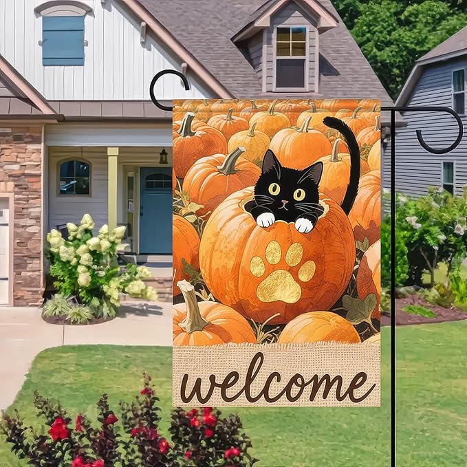 Thanksgiving Fall Garden Flag 12x18 Inch Welcome Black Cat Flag Double Sided Outdoor Autumn Yard Banner with Pumpkins and Paw Print for Porch Lawn Patio Seasonal Decor