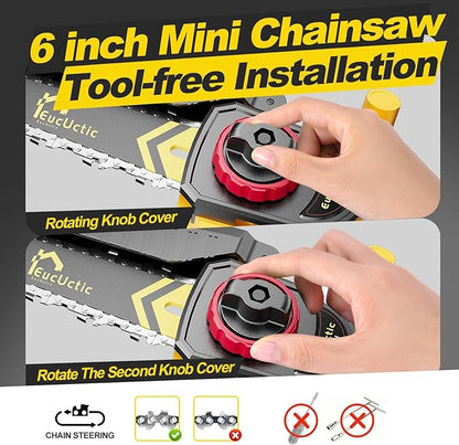 Mini Chainsaw Cordless 6-Inch, 21V Small Chainsaw with 2 Battery Handheld Electric Chain saw–Lightweight&Safe for Wood Cutting, Tree Trimming, Home, Garden, DIY, Best Gifts for Dad, Women (yellow)