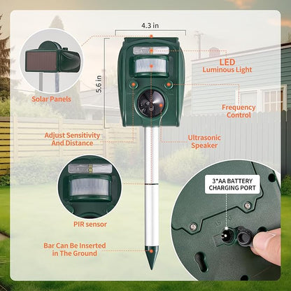 Upgraded Solar Ultrasonic Deer Repellent Devices Motion Detection 5 Adjustable Modes, LED Waterproof Cat Repellent Outdoor, Squirrel Raccoon Rabbit Dog Repellent Deterrent for Yard Farm Garden, 1P