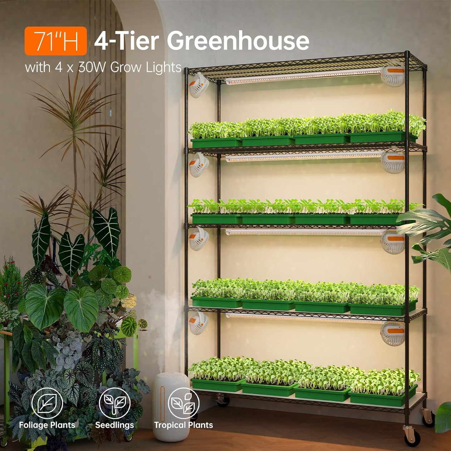 Bstrip Plant Shelf with Grow Light, 5 Tier Large Tall Plant Stand with 3FT T8 120W Grow Light for Indoor Plants, Full Spectrum LED Plant Light with wheel for Seedling, (47.2" Lx17.8 Wx71 H)