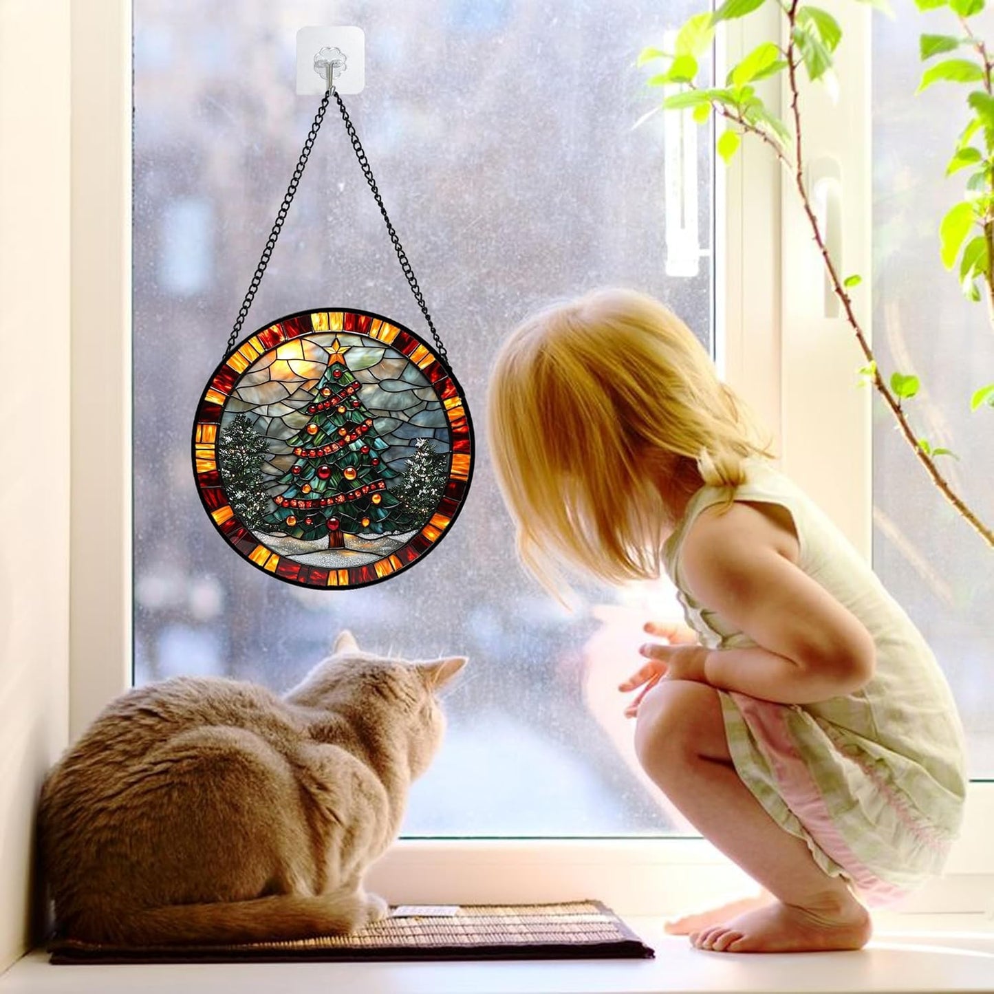 Stained Glass Window Hanging - Winter Christmas Tree Suncatcher Ready to Hang Window Doors Home Decoration, Christmas, Mother's Day Birthday Gifts for Women, Men, and Mom 11.8x11.8 in