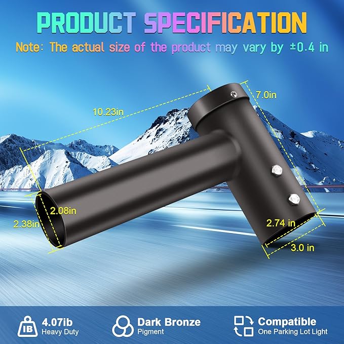 Single Street Light Bracket Adaptor, Sturdy Steel Round Pole Mounting Arm for LED Parking Lot Lights 2 3/8" Top Spoke Extension Pole Mount Bracket for Commercial Slip Fit Shoebox Lighting