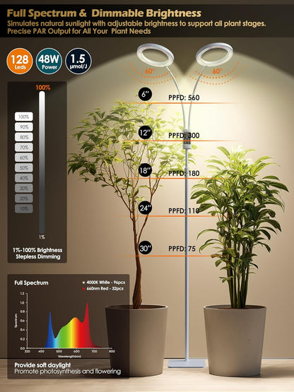 Smart Grow Lights for Indoor Plants,48W 2-Head Plant Light with Auto-Timer, Full Spectrum LED Grow Light, Adjustable Height & Stepless Dimming,Plant Assistant Suitable for Most Plants (White, 48W)