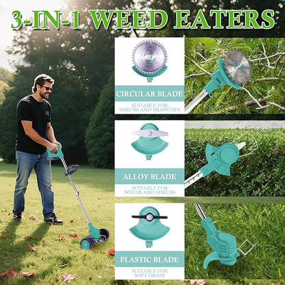 Weed Wacker Cordless Adjustable Weed Eaters 3 in 1 Electric String Trimmer Lawn with Two Battery with Charger Comes with Multiple Blades for Yard,Green,Garden(Sky Blue)