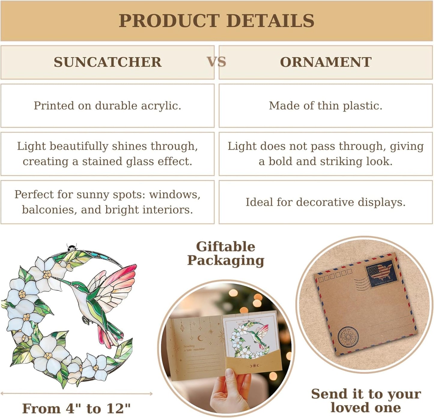 Hummingbird Crescent Moon Acrylic Suncatcher Stained Glass Effect Window Car Hanging Christmas Ornament Indoor Outdoor Decor Garden Sun Catcher Gift for Bird Lover for Women Mom Grandma