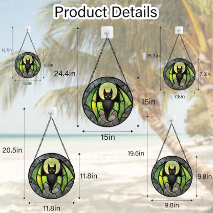 Stained Glass Window Hanging - Halloween Black Bat Green Wings Monster Suncatcher for Doors Garden Home Spooky Sun Catchers Gothic Decor Horror Gift for Women Men Friend Boy Girl 7.8 in