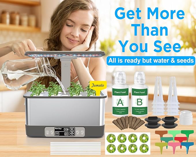 Hydroponics Growing System Indoor Garden, Smart Indoor Herb Garden with Grow Light, in Door Gardening System 8 Pods, APP & WiFi Control, Auto Timer, Quiet Pump, Stainless, Gift for Women Mom, Gray