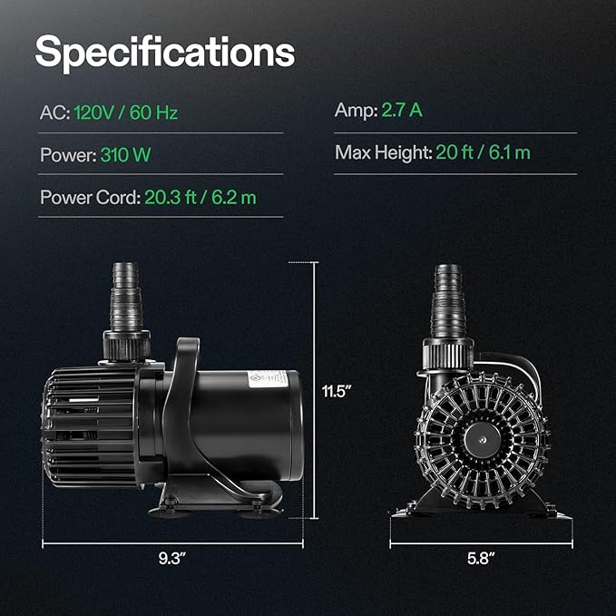 VIVOSUN 5300 GPH Submersible Water Pump, 310W Pond Pump, Ultra Quiet Aquarium Pump with 20FT. Lift Height for Pond Waterfall, Fish Tank, Statuary, or Hydroponics