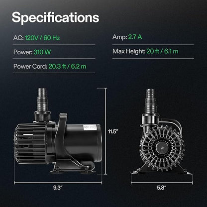 VIVOSUN 5300 GPH Submersible Water Pump, 310W Pond Pump, Ultra Quiet Aquarium Pump with 20FT. Lift Height for Pond Waterfall, Fish Tank, Statuary, or Hydroponics