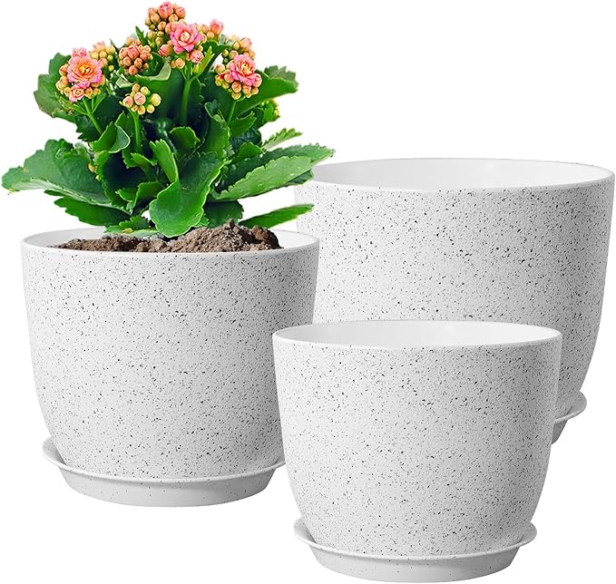9/8/7.5 inch Flower Pots, Set of 3 Modern Decorative Plastic Planters with Drainage Holes and Saucers for Garden House Plants, Plant Pots for Indoor Outdoor Plants, Speckled White