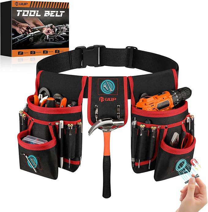 Magnetic Tool Belt for Men, 26 Pockets Heavy Duty Tool Pouch, Magnet Holster Nail Utility Toolbelt Detachable Adjustable Waist Holder for Handyman Contractor Mechanic Plumber Roofer Dad Gift -Red