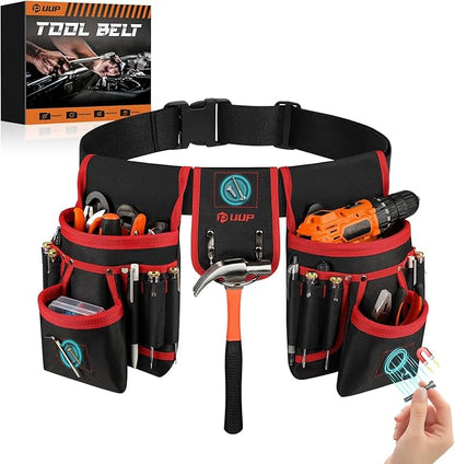 Magnetic Tool Belt for Men, 26 Pockets Heavy Duty Tool Pouch, Magnet Holster Nail Utility Toolbelt Detachable Adjustable Waist Holder for Handyman Contractor Mechanic Plumber Roofer Dad Gift -Red