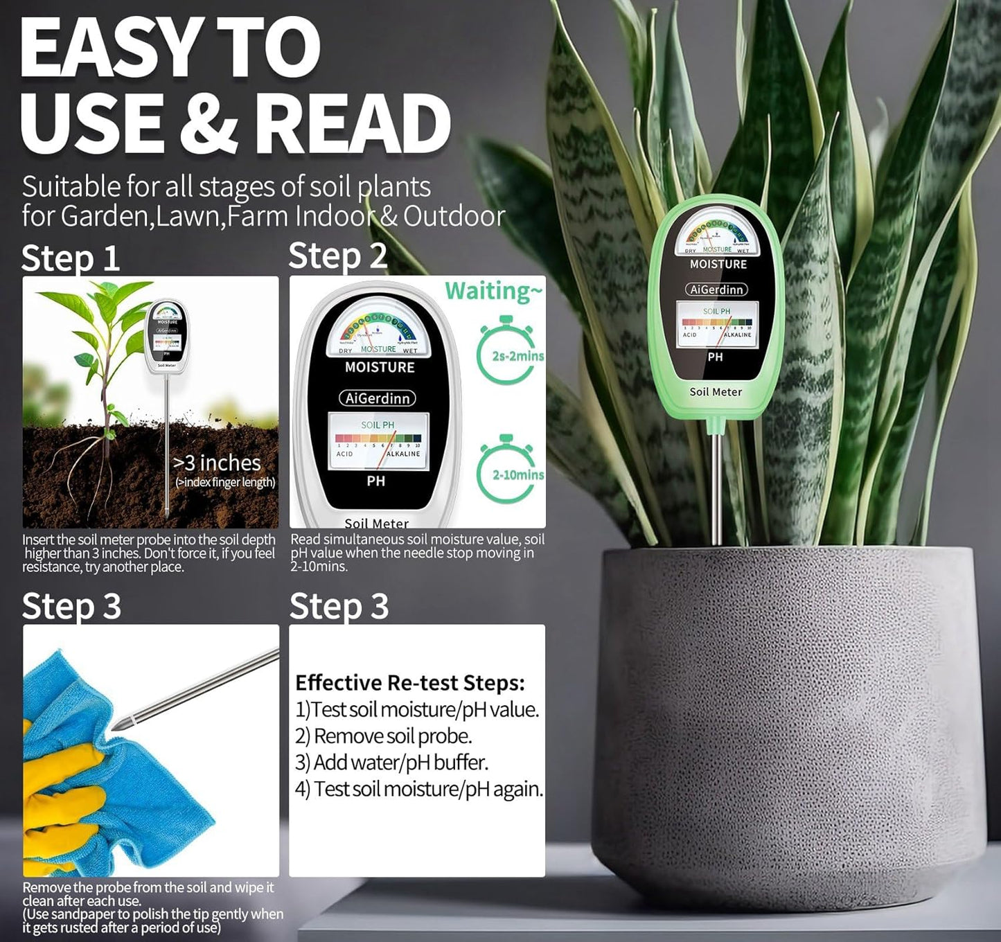 Soil Test Kit, 2-in-1 Soil Moisture Meter, Soil pH Meter -Dual Dial-Simultaneously-Display Results-Soil pH Tester, Moisture Meter for Garden,Lawn,Farm Indoor&Outdoor Plants-Teargreen