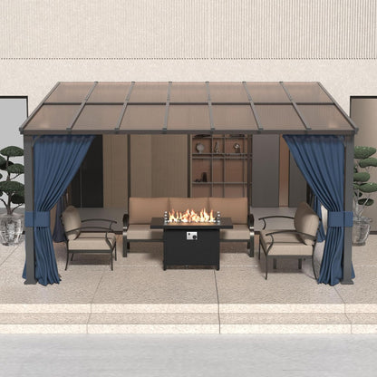 10' x 14' Gazebo，Hard Top Lean to Gazebo Wall Mount Heavy Hardtop Gazebos Outdoor Pergola with Curtains and Netting for Patio Garden Lawn Backyard Deck (Navy)