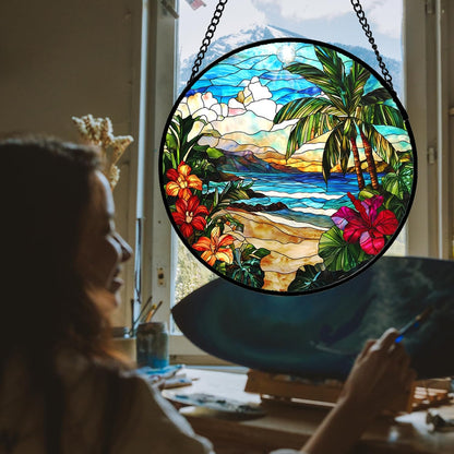 Stained Glass Window Hanging, Blue Beach Scenery Suncatcher Diamond Glass Panel Hangings Sun Catchers Decor for Birthday for Women, Men, Wife, Aunt, and Mom 14.9x14.9 in