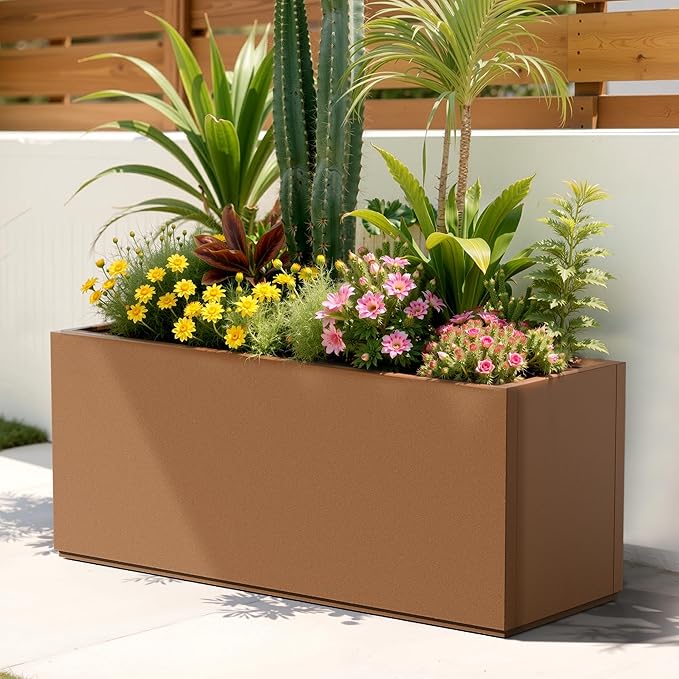 Large Rectangle Planter Metal Brown Planter Box with a Drainage Hole and a Removable Divider Indoor Outdoor Porch Pots for Tall Plants, Trees, Flowers 37.99"x 15" x 16.26" Brown