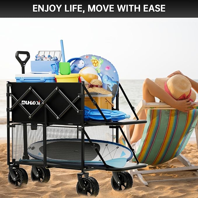 Double Decker Wagon 320L Large Capacity 400LBS Collapsible Sports Utility Cart with Big Wheels,Double Extended Tailgate Heavy Duty Folding Wagon Cart for Groceries,Camping,Beach,Garden,Outdoor