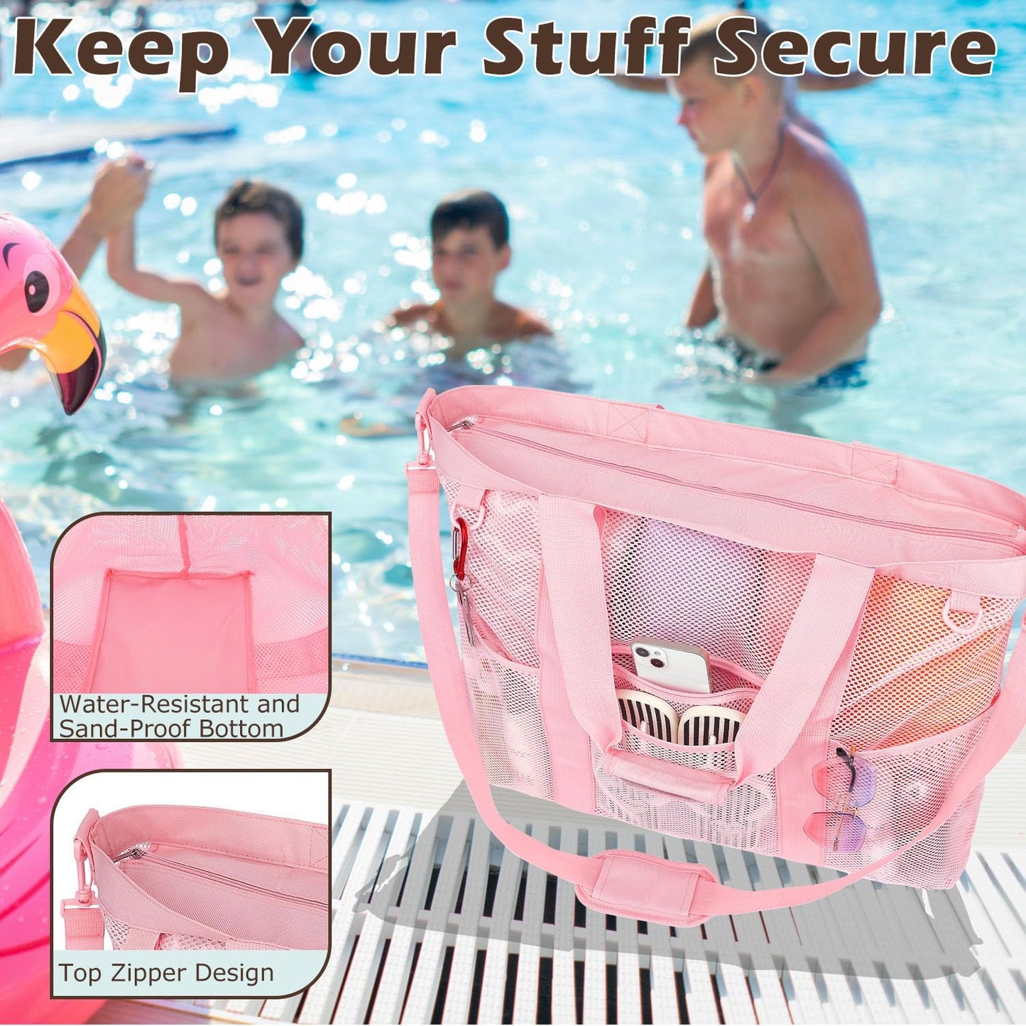 Mesh Beach Bag, Large Beach Tote with Zipper Pocket for Family Pool Bag for Toys & Vacation Essentials