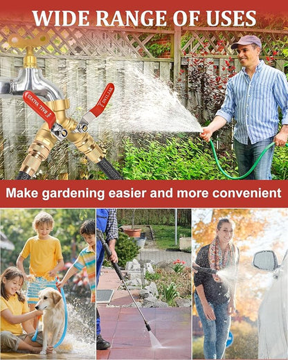 Garden Hose Splitter Way Heavy Duty, Brass Water Hose Splitter With 304 Stainless Steel Long Handle, 3/4 Inch GHT Thread Hose Y Splitter With Shutoff Hose Splitter Adapter (Include Teflon Tape)