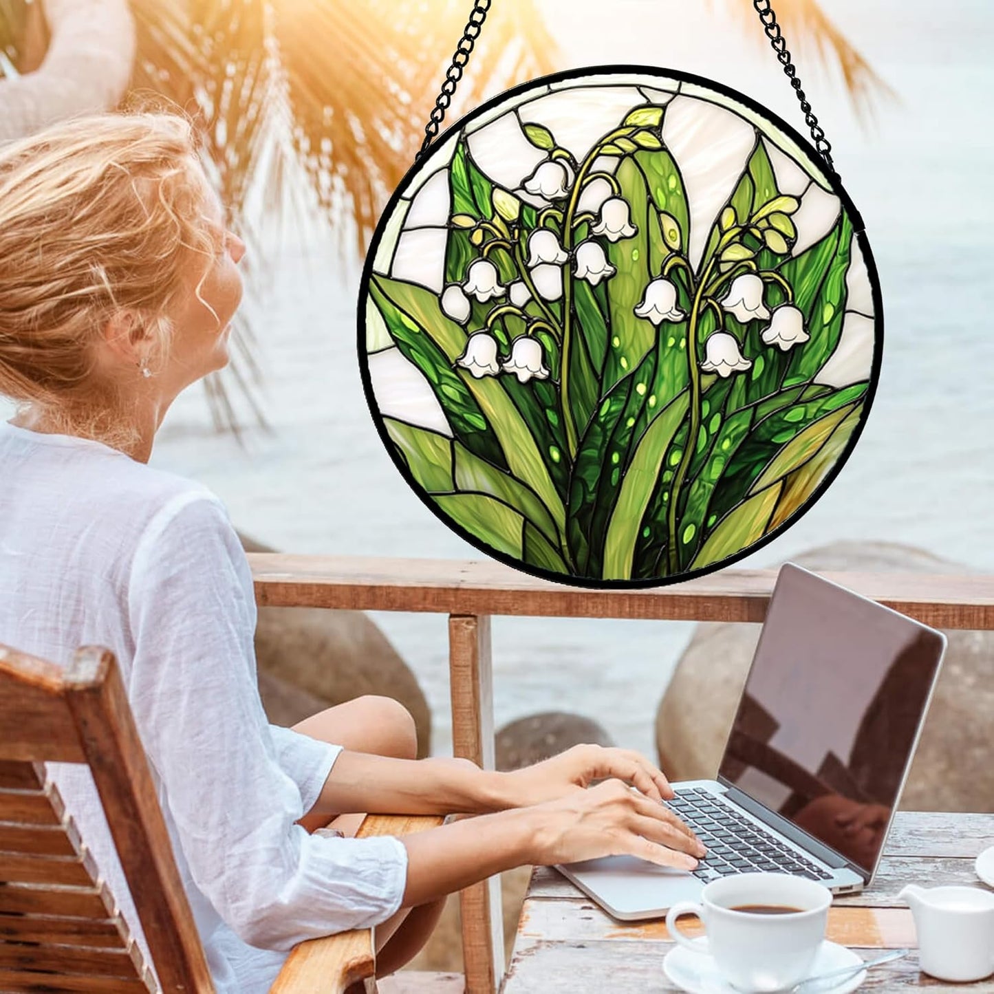 Stained Glass Window Hanging, Lily of The Valley Flower Sun Catchers Colorful Glass Panel Green Plants Suncatcher Decor for Birthday for Women,Men,Wife, Lovers, and Mom 14.9 in