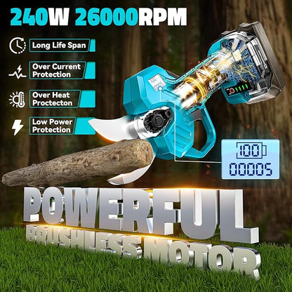 Cordless Electric Pruning Shears Compatible with Makita 18V Battery, 1.5-2-Inch Portable Pole Pruner with LCD Display & Imported SK7 Steel Blades for Gardening Shears