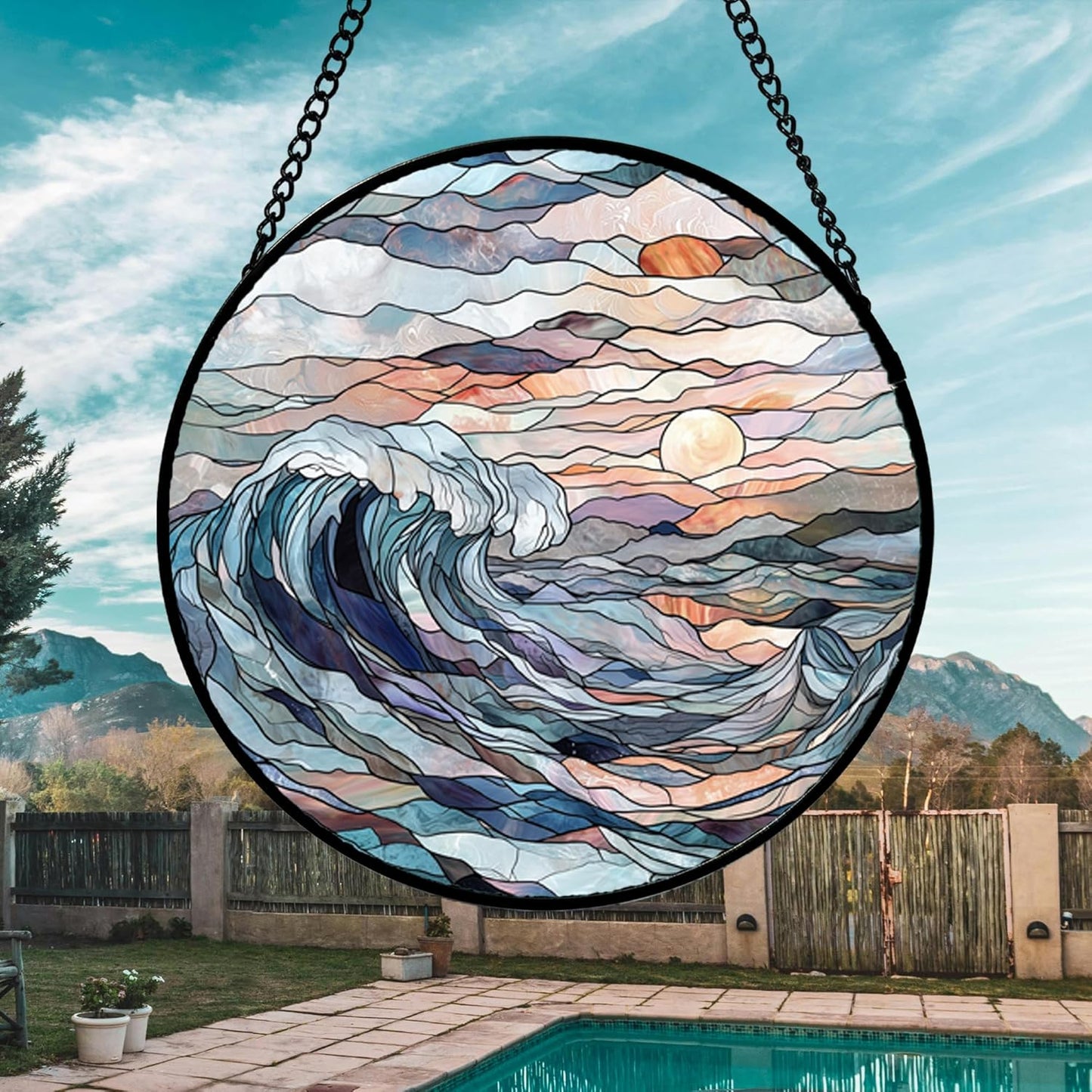 Stained Glass Window Hanging, Sunrise Waves Sun Catchers Diamond Glass Panel Hangings Abstract Suncatcher Decor for Birthday for Women, Men, Wife, Aunt, and Mom 14.9x14.9 in