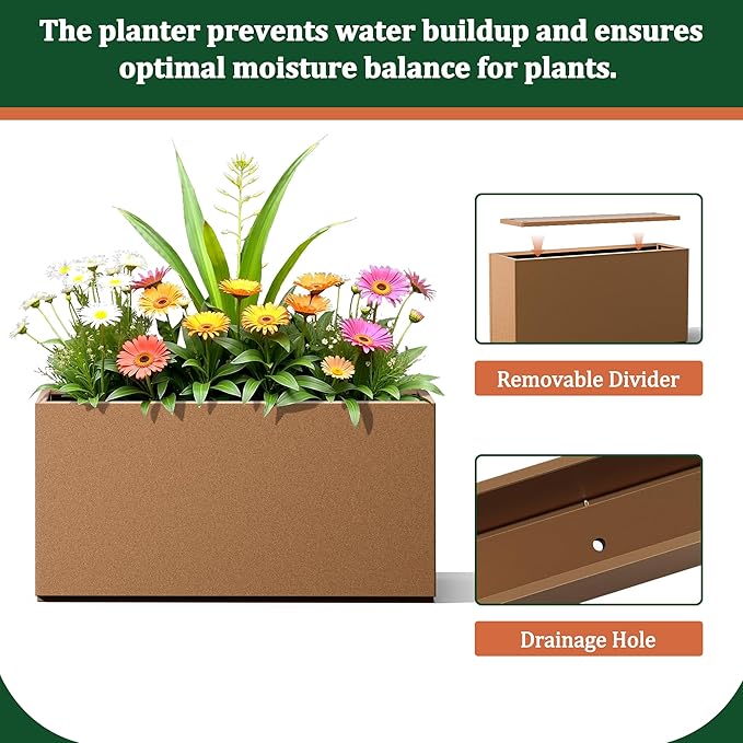 Large Rectangle Planter Metal Brown Planter Box with a Drainage Hole and a Removable Divider Indoor Outdoor Porch Pots for Tall Plants, Trees, Flowers 32.01"x 10" x 16.26" Brown