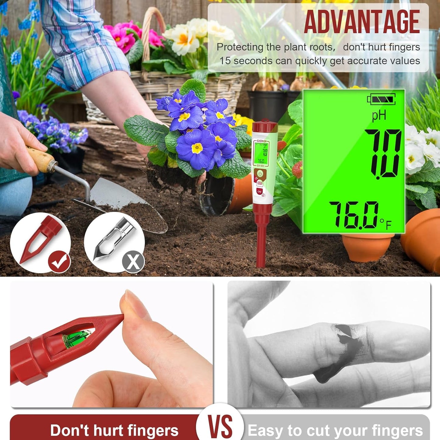 Soil pH Test Meter for Gardener, Direct Measurement Soil Test pH for House Plant, Digital Soil pH Meter and Temperature with High Accuracy for Garden, Grass,Lawn, Greenhouse,Outdoor and Yard Use