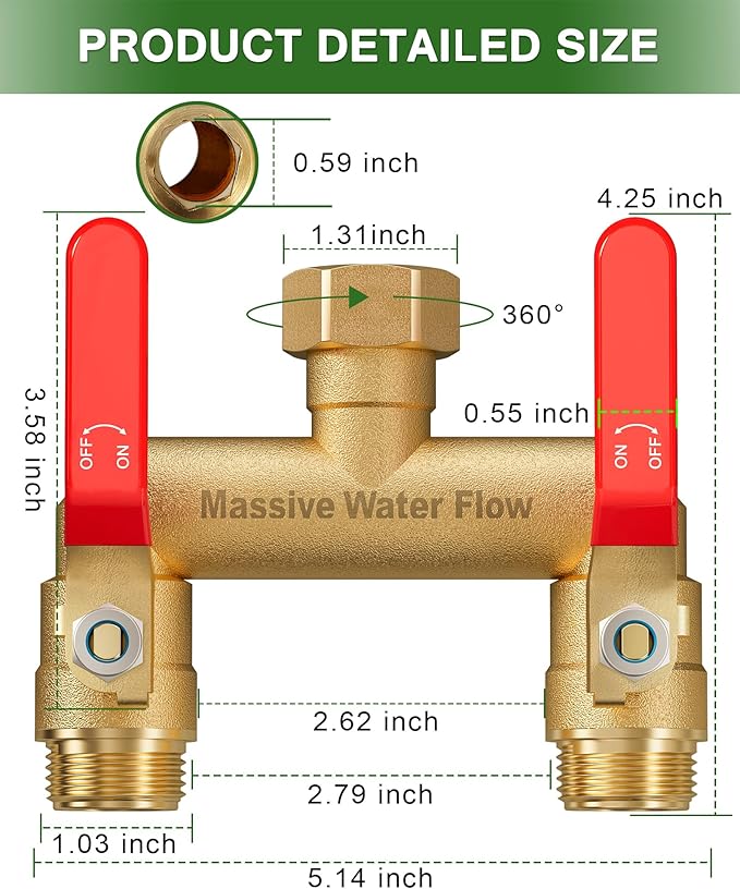 Hose Splitter 2 Way Heavy Duty, Full Flow Garden Hose Splitter with 2 Long Metal Handles, Brass Rust and Freeze Resistant Water Hose Bib Splitter, T Adapter Connector with 3/4 - Inch GHT Thread（Red）