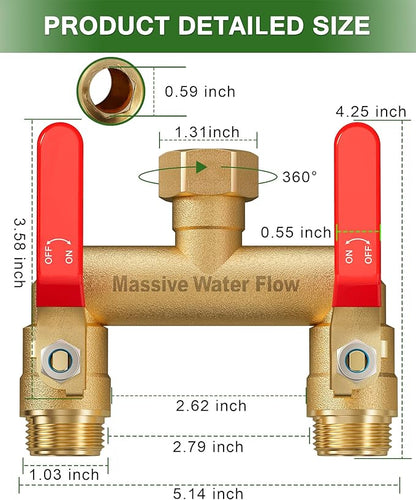 Hose Splitter 2 Way Heavy Duty, Full Flow Garden Hose Splitter with 2 Long Metal Handles, Brass Rust and Freeze Resistant Water Hose Bib Splitter, T Adapter Connector with 3/4 - Inch GHT Thread（Red）