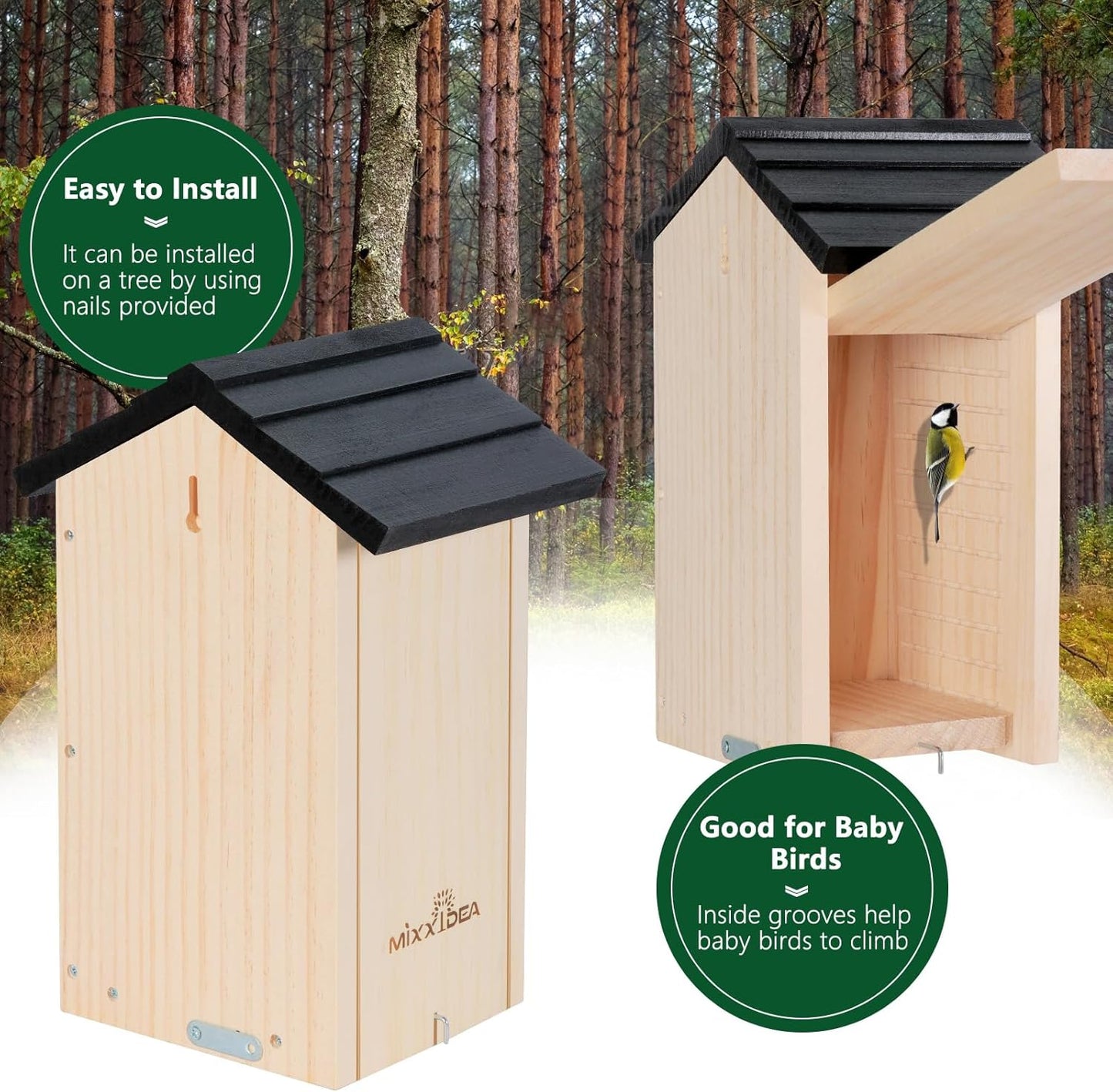 MIXXIDEA 12.7" Large Bird House for Outside, Cedar Bluebird Houses, No Assembly Required, Sturdy Nesting Bird Box for Bluebird Chickadee Wren Swallow Finch (Pack of 1)