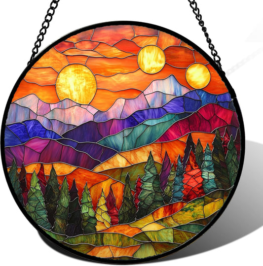 Stained Glass Window Hanging, Sunset Abstract Sun Catchers Colorful Glass Panel Landscape Suncatcher Decor for Birthday for Women, Men, Wife, Aunt, and Mom 14.9x14.9 in