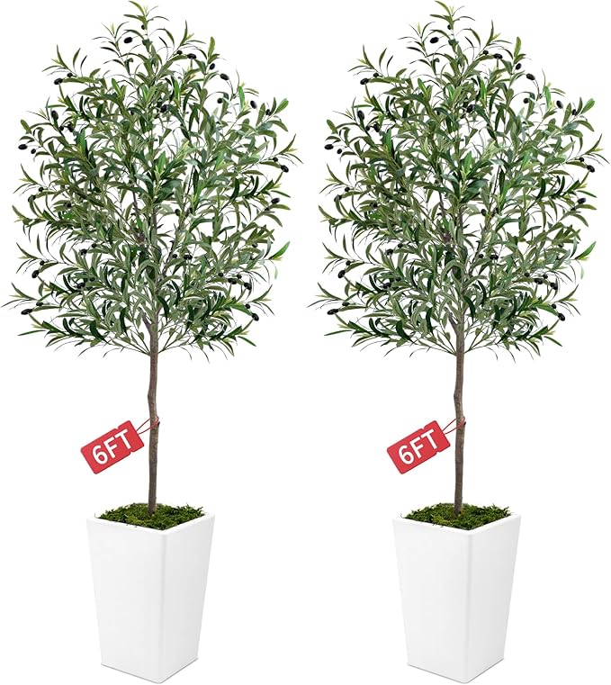 Olive Trees Artificial Indoor 6ft, 2 PCS Tall Faux Silk Plant with Pot, Realistic Leaves and Natural Wood Trunk Fake Trees with Lifelike Fruits for Home Office Decor Bedroom Livingroom Entryway