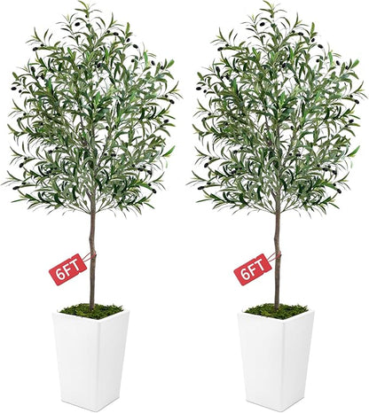Olive Trees Artificial Indoor 6ft, 2 PCS Tall Faux Silk Plant with Pot, Realistic Leaves and Natural Wood Trunk Fake Trees with Lifelike Fruits for Home Office Decor Bedroom Livingroom Entryway