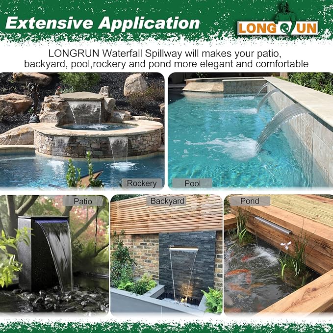LONGRUN Stainless Steel Waterfall Spillway, APP Control Multi-Color LED Light Outdoor Pool Fountain, Water Spillway Koi Pond Waterfalls Fountains Kit for Garden Patio Swimming Pool Decoration-35.4"