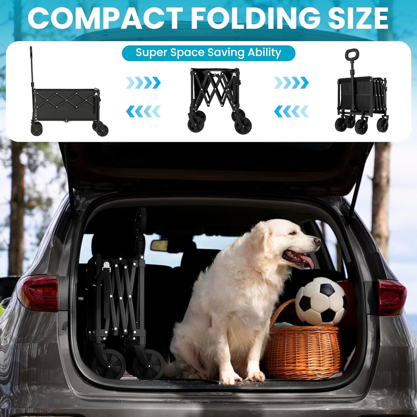 Collapsible Wagon with Tailgate, Wagons Foldable with 350lbs Capacity, Lightweight Portable Utility Wagon Cart for Shopping Camping Sports Garden (Black)