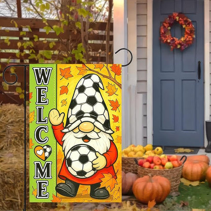 Thanksgiving Fall Garden Flag 12x18 Inch Welcome Gnome Flag Double Sided Outdoor Autumn Yard Banner Soccer Ball and Leaves for Porch Lawn Patio Seasonal Decor