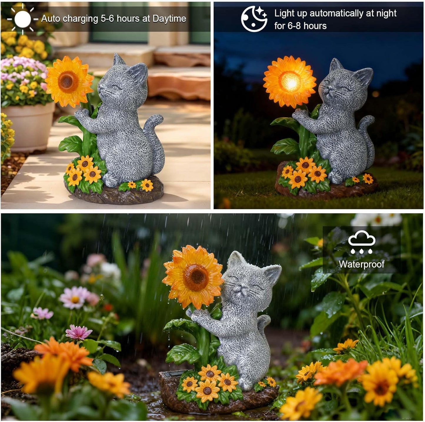 Solar Garden Decor Cat Statue with Sunflower Light, Outdoor Ornaments for Home Patio Yard Balcony Lawn, Birthday Gifts for Cat Lovers Women, Mom, Grandma