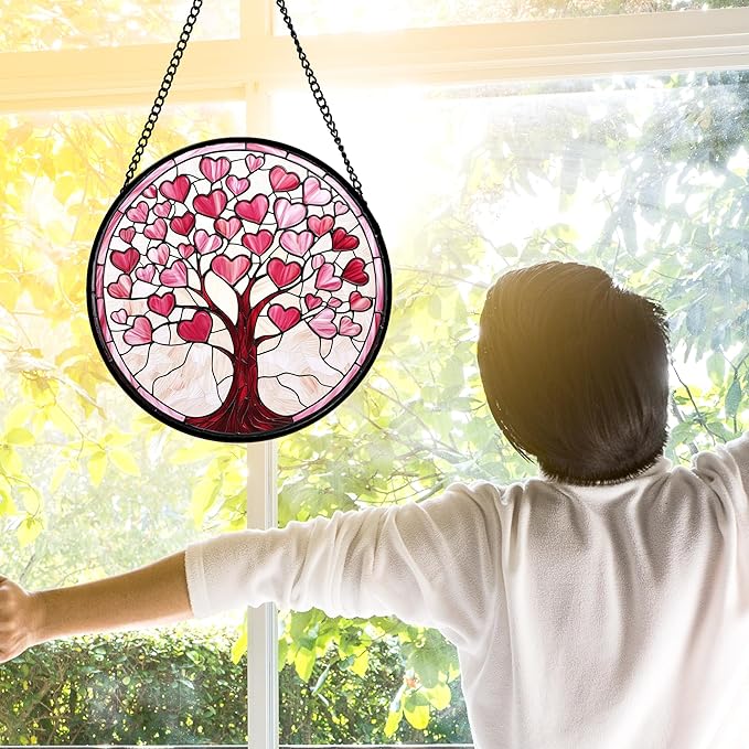 Stained Glass Window Hanging, Pink Love Heart Tree Suncatcher Hangings Beige Sun Catchers Decor for Birthday Holiday for Women, Men, Wife, Aunt, Mom 7.8 in