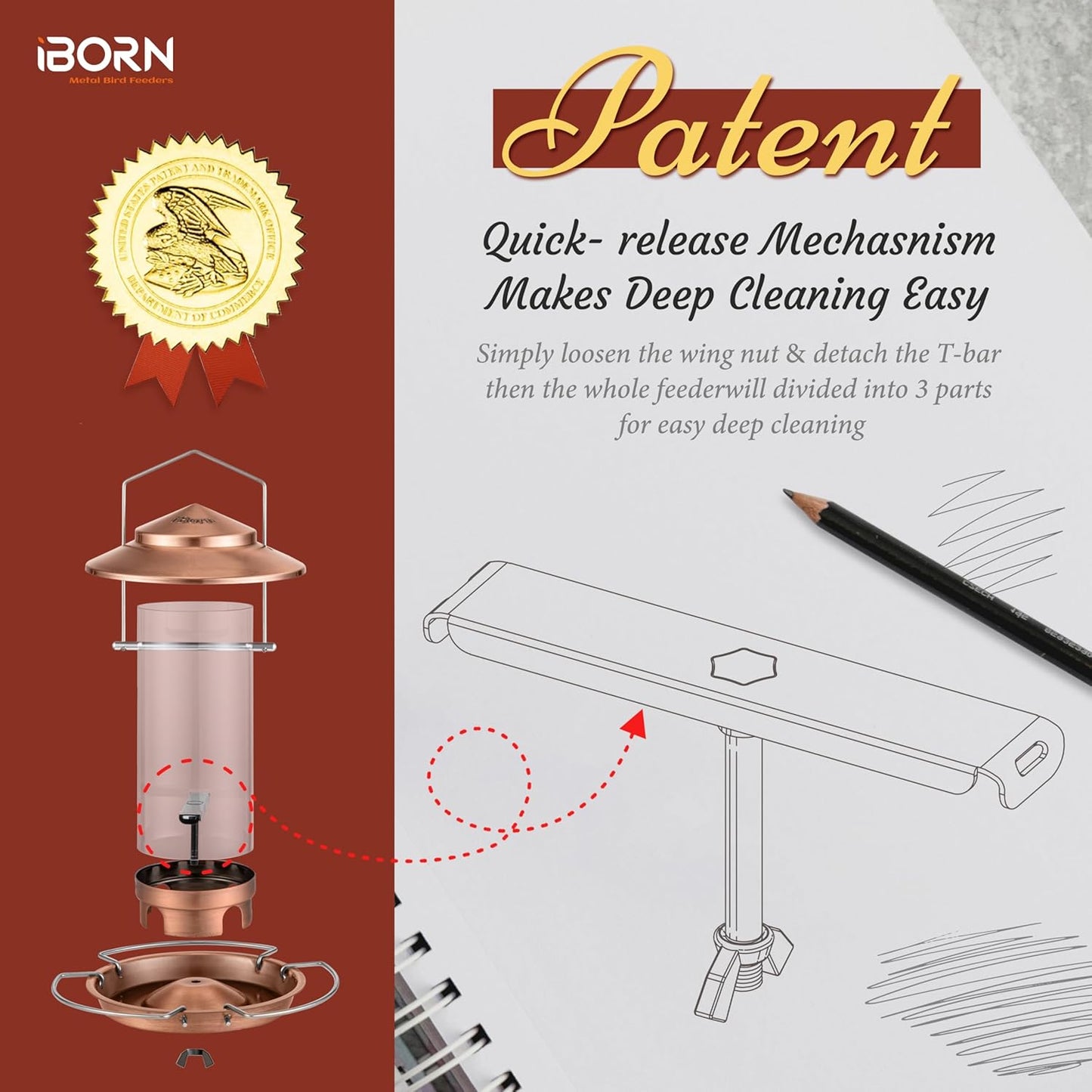 iBorn Bird Feeder Metal Squirrel Chew-Proof Bird Feeders for Outdoors Hanging Outside for Cardinal, Holds 1.5LB Seed with 3 Perchs, Brushed Copper (Seed is not Included)