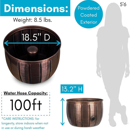 BIRDROCK HOME Water Hose Holder - Decorative Metal Pot, Indoor or Outdoor, Garden Storage Organizer, Patio Portable Bucket - Antique Copper, Holds up to 100ft Hoses, Medium No Lid